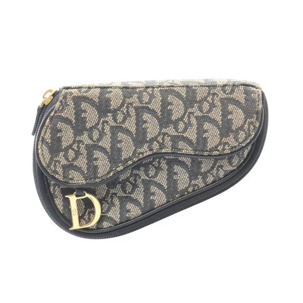 Christian Dior Trotter Saddle Pouch Clutch Bag Canvas Leather White Navy Blue